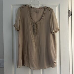 Burberry Brit Beige 100% Silk Lined Ruffle Collar Blouse Sz M